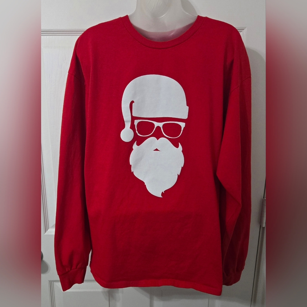 Mens Christmas Tee Red Long Sleeve Santa Graphic Sz XL